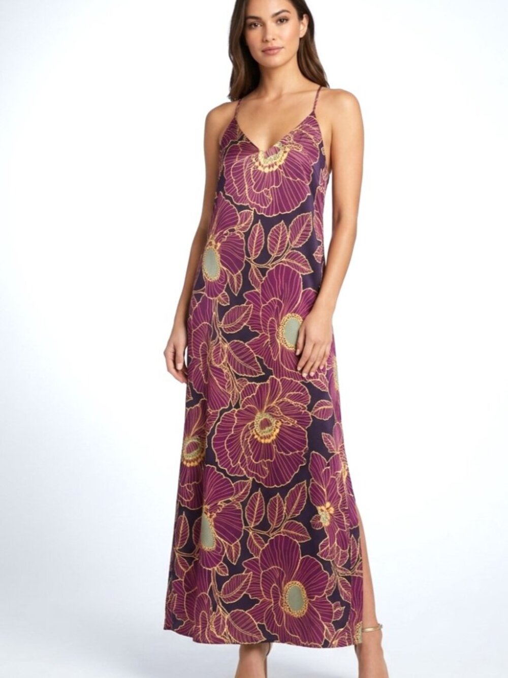 Nicole Miller Floral Satin Maxi Slip Dress M Purple Multi NWT